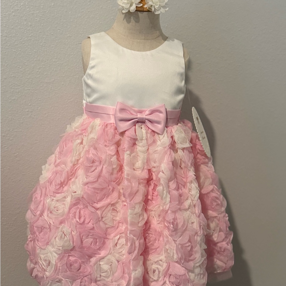 American Princess Pink and Cream Rosette Dress 2T w/ Hair Clips NWT Party